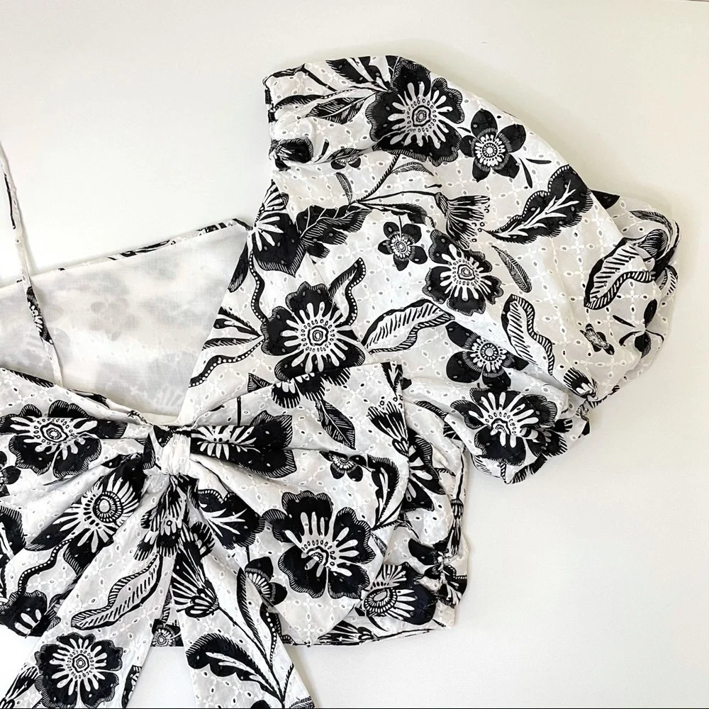 NWT Anthropologie Maeve One Shoulder Black White Floral Eyelet Bow Back Blouse